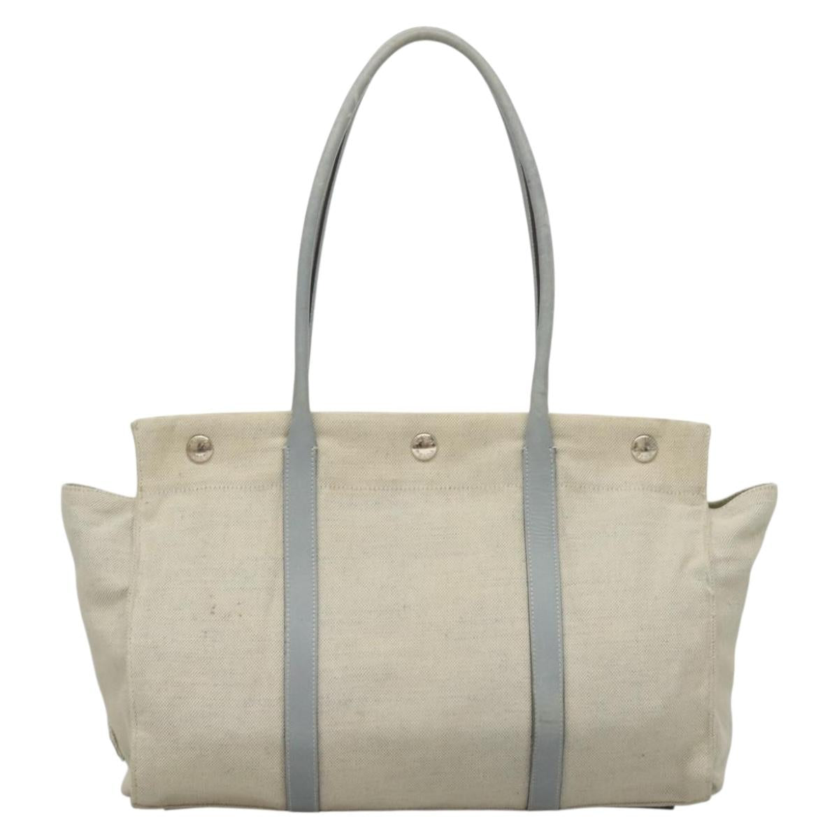 PRADA Tote Bag Canvas Beige Silver Auth 133386