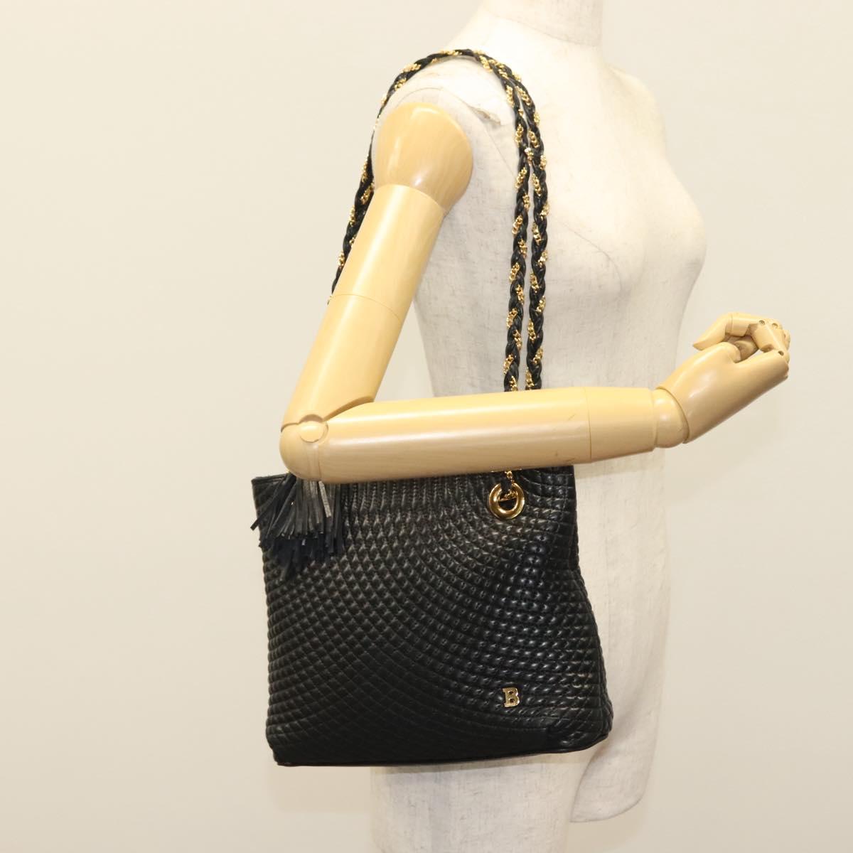 BALLY Quilted Chain Shoulder Bag Leather Black Gold Auth 133395