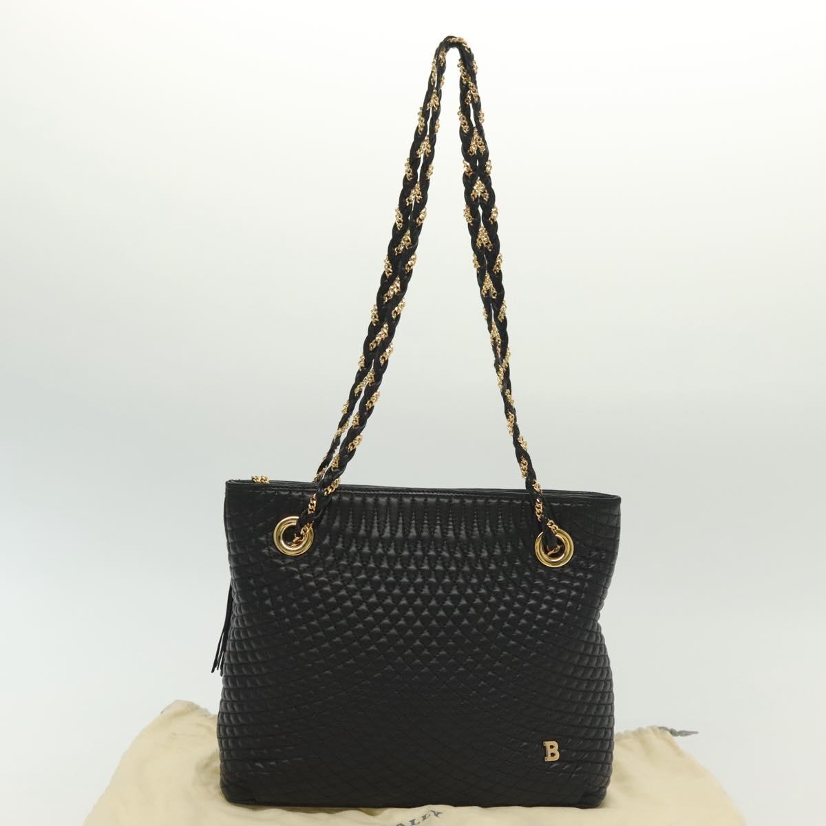 BALLY Quilted Chain Shoulder Bag Leather Black Gold Auth 133395