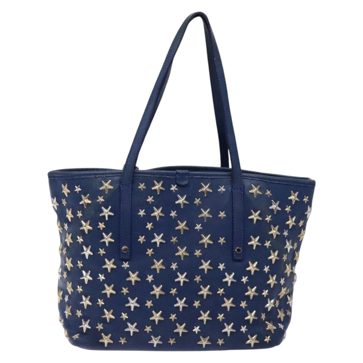 Jimmy Choo Studs Tote Bag Leather Blue Silver Auth 133409