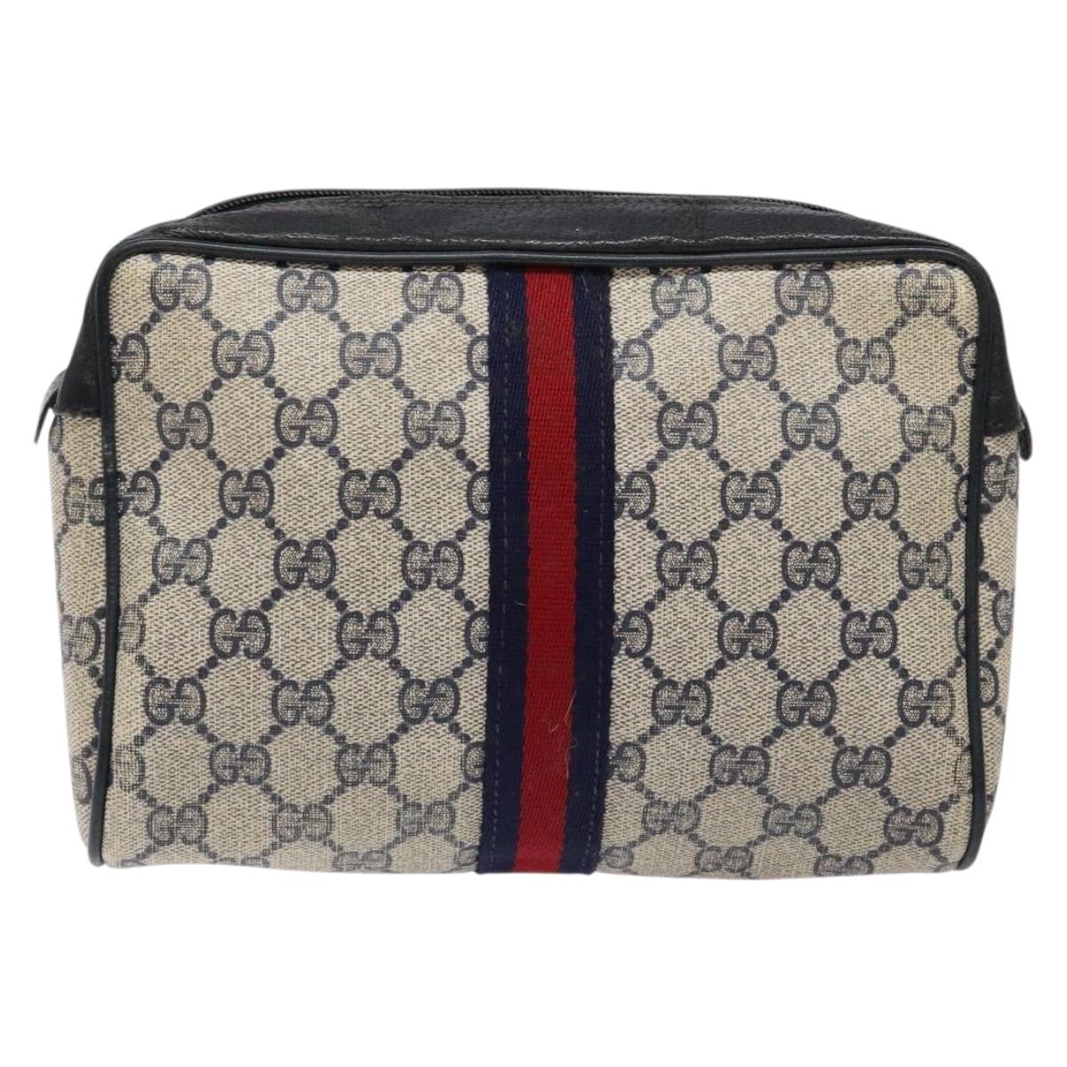 GUCCI GG Supreme Sherry Line Clutch Bag PVC Navy Gold Red Auth 133416
