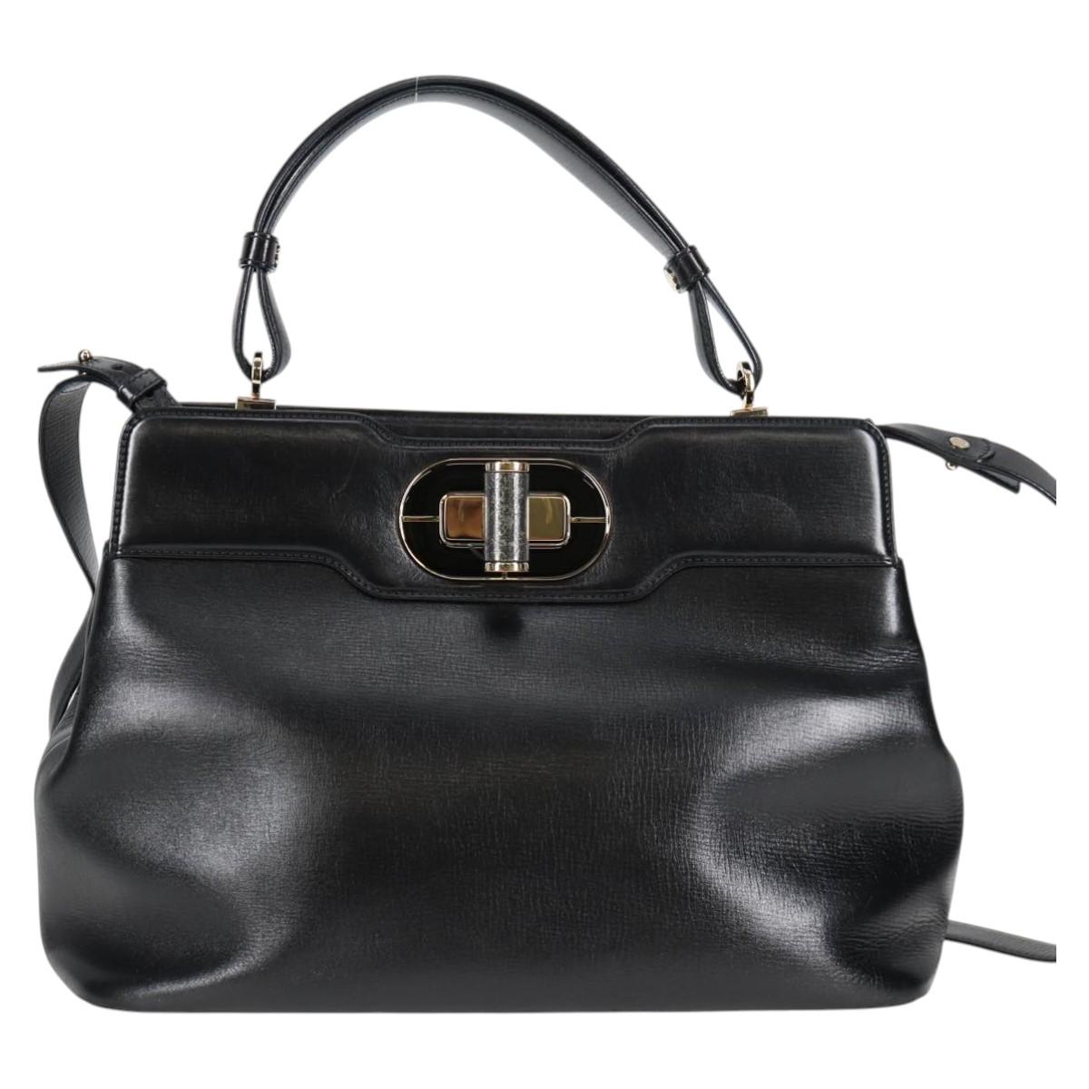 BVLGARI Hand Bag Leather 2way Black Gold Auth 133425