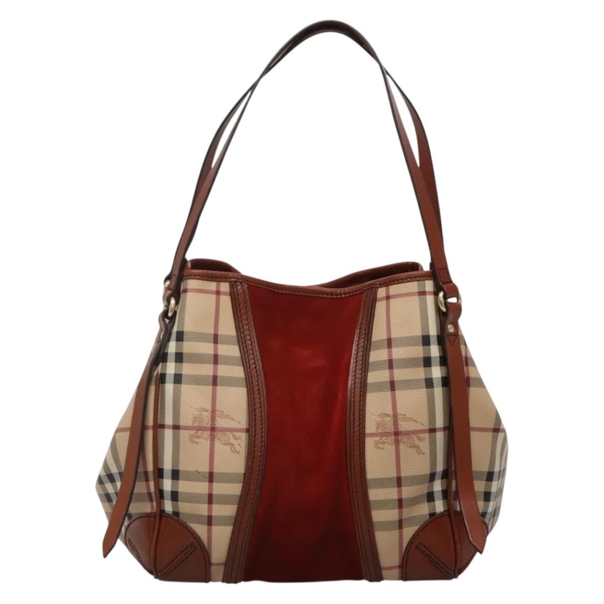 BURBERRY Nova Check Blue Label Tote Bag PVC Suede Beige Brown gold Auth 133568