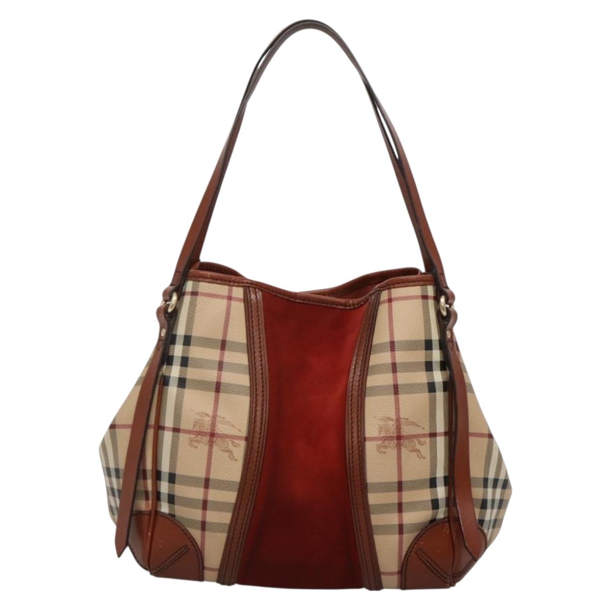 BURBERRY Nova Check Blue Label Tote Bag PVC Suede Beige Brown gold Auth 133568