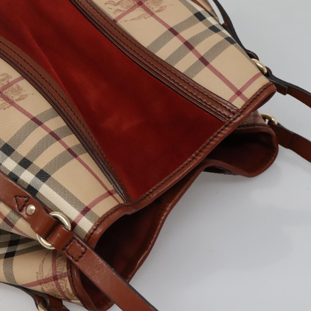 BURBERRY Nova Check Blue Label Tote Bag PVC Suede Beige Brown gold Auth 133568