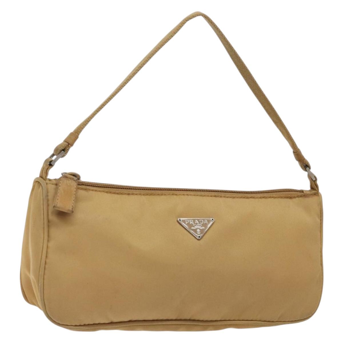 PRADA Accessory Pouch Nylon Beige Champagne Gold Silver Auth 133574