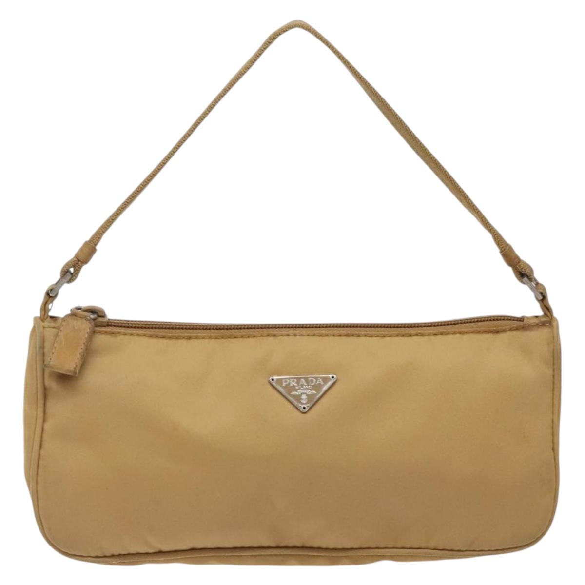 PRADA Accessory Pouch Nylon Beige Champagne Gold Silver Auth 133574