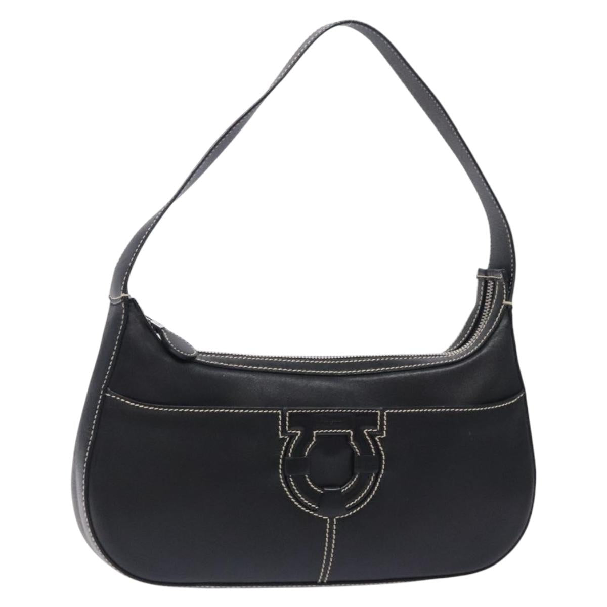 Salvatore Ferragamo Gancini Shoulder Bag Leather Black Silver Auth 133590