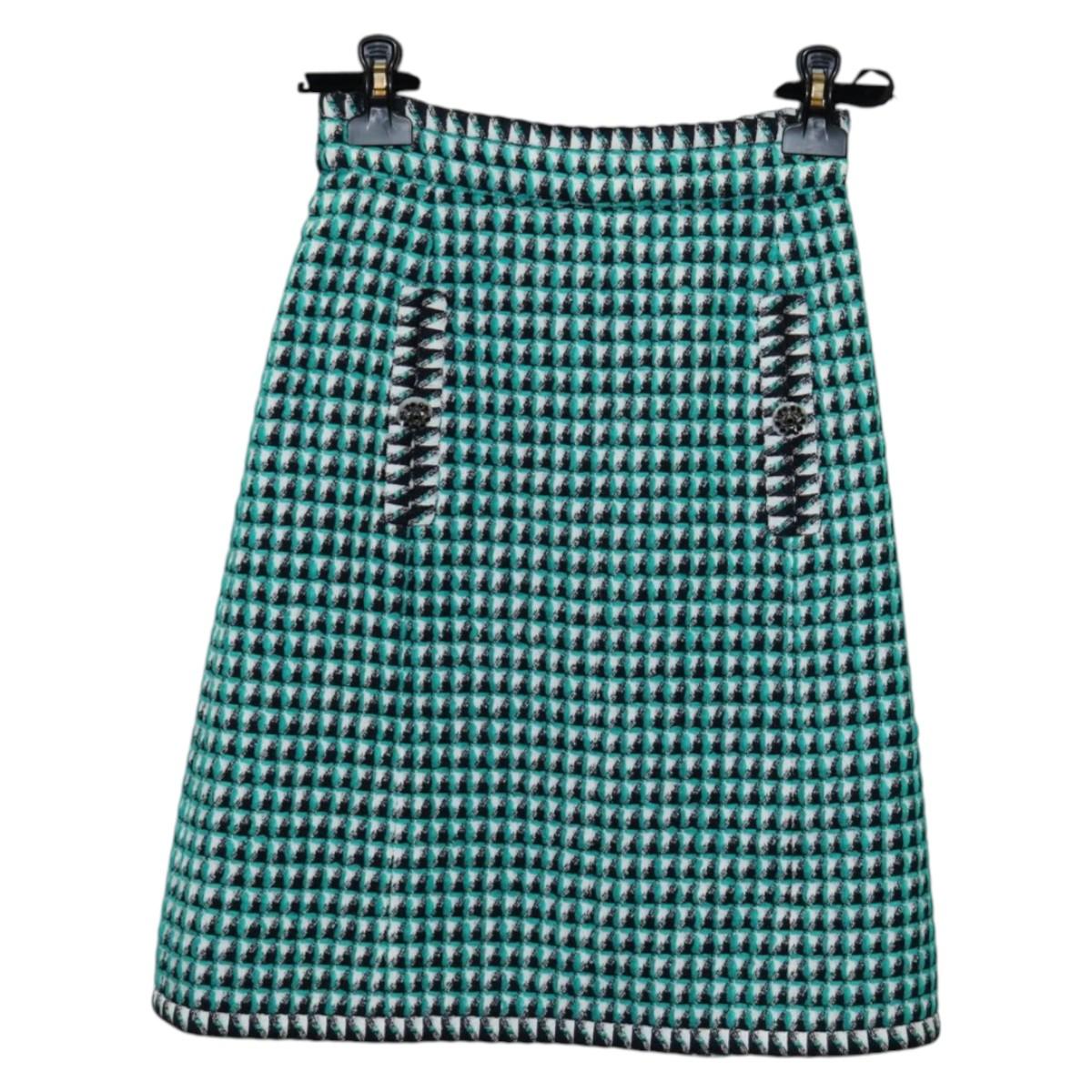 CHANEL Skirt Tweed Green Black CC Auth 133643M