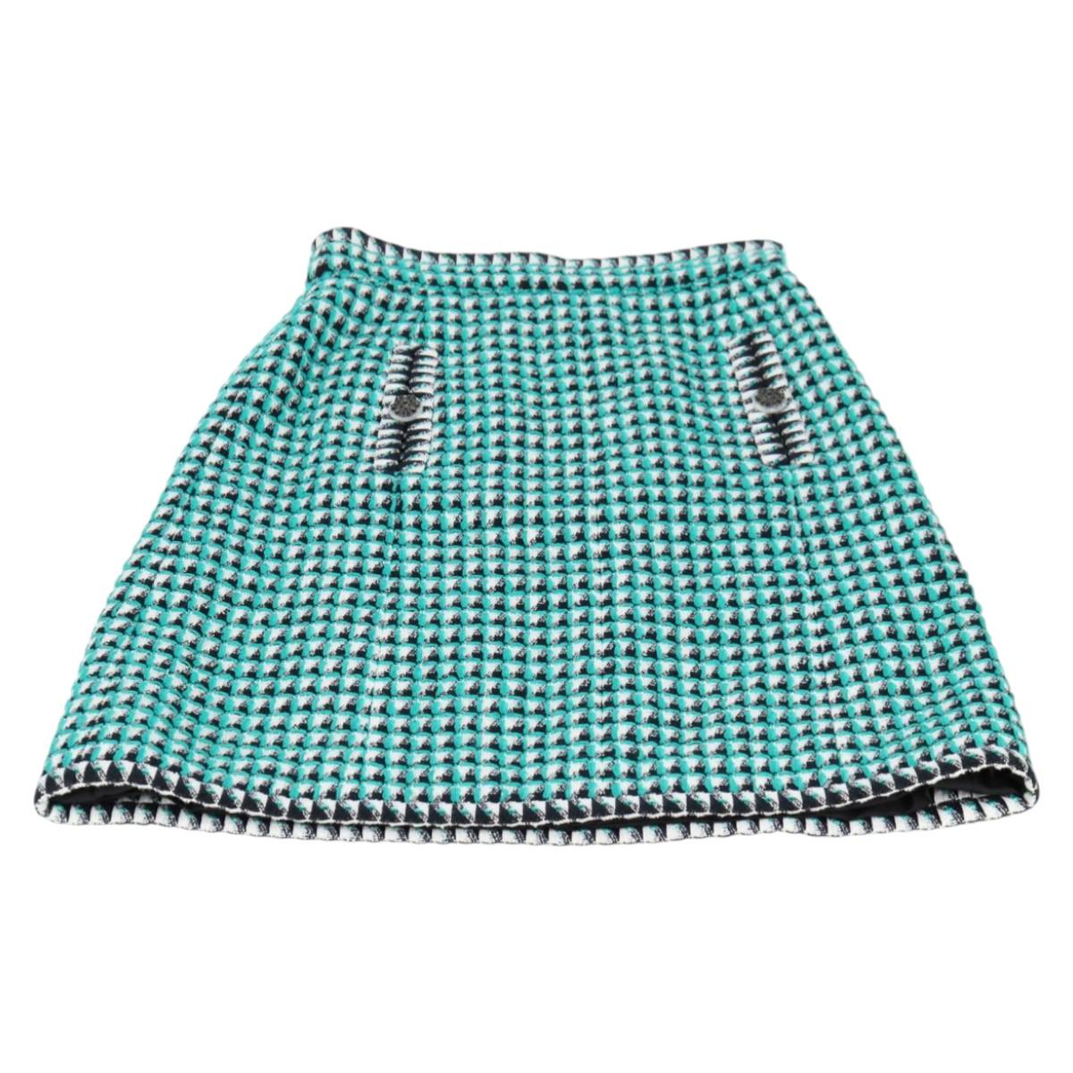 CHANEL Skirt Tweed Green Black CC Auth 133643M
