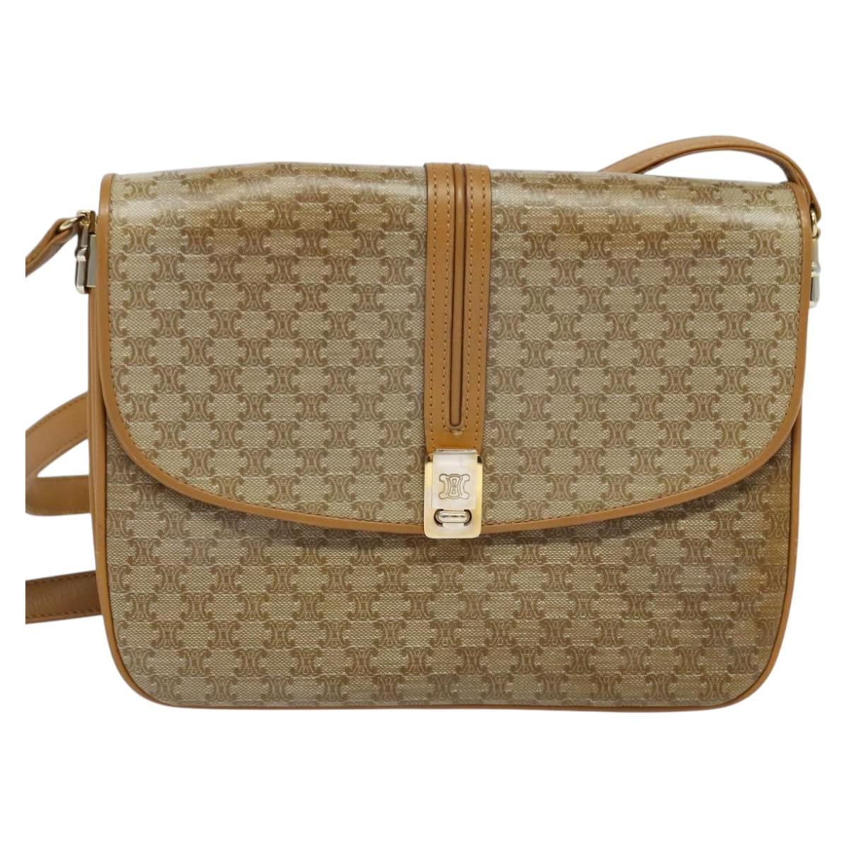 CELINE Macadam Canvas Shoulder Bag PVC Beige Gold Auth 133723