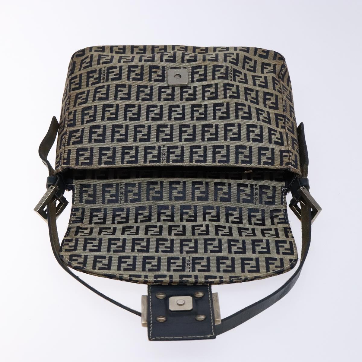 FENDI Zucchino Canvas Mamma Baguette Shoulder Bag Navy Silver Auth 133731