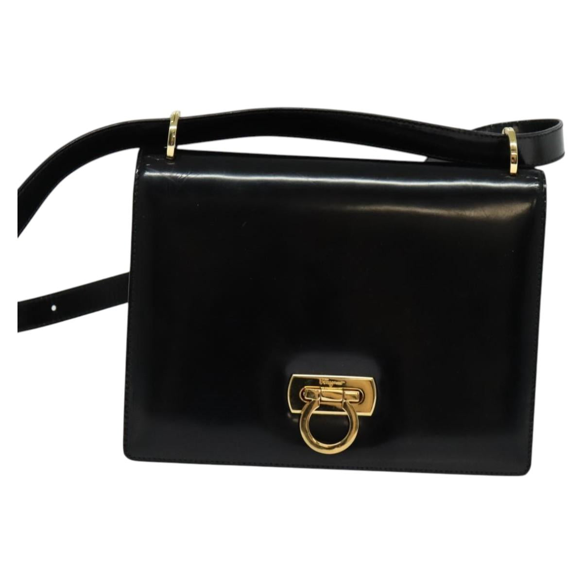 Salvatore Ferragamo Gancini Shoulder Bag Enamel Black Silver Auth 133751