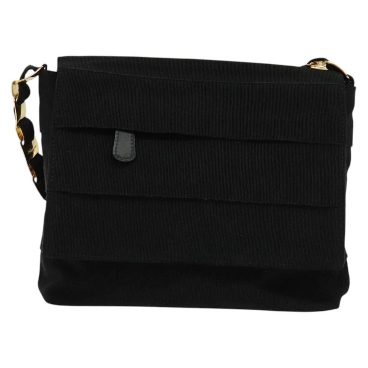 Salvatore Ferragamo Chain Vala Shoulder Bag Canvas Black Gold Auth 133753