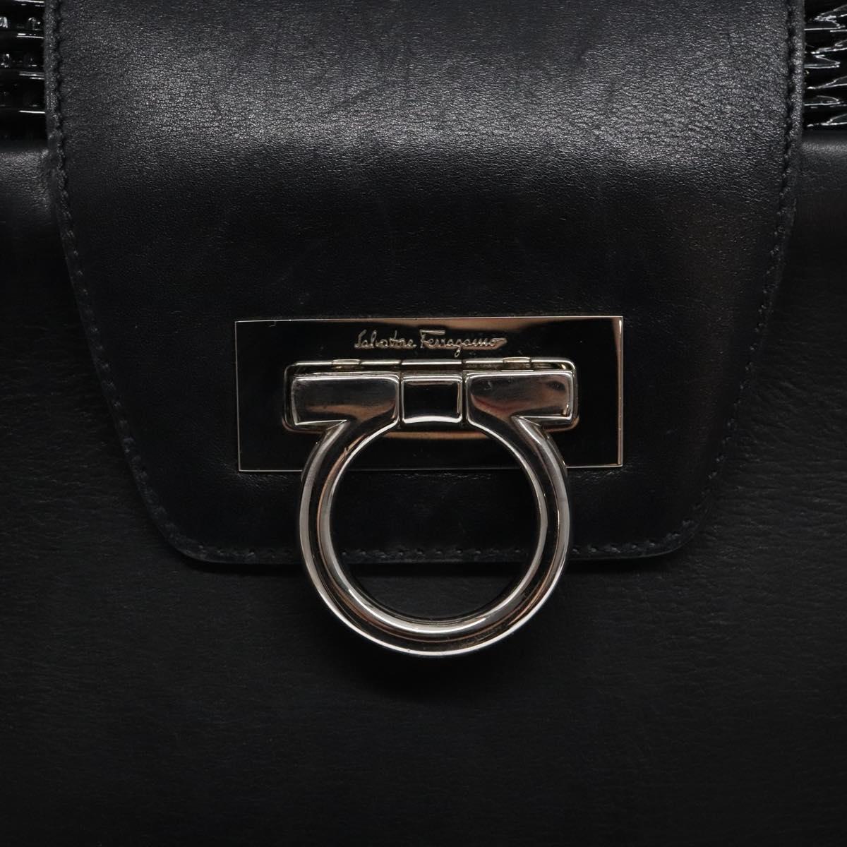 Salvatore Ferragamo Gancini Hand Bag Leather Wicker Black Silver Auth 133756