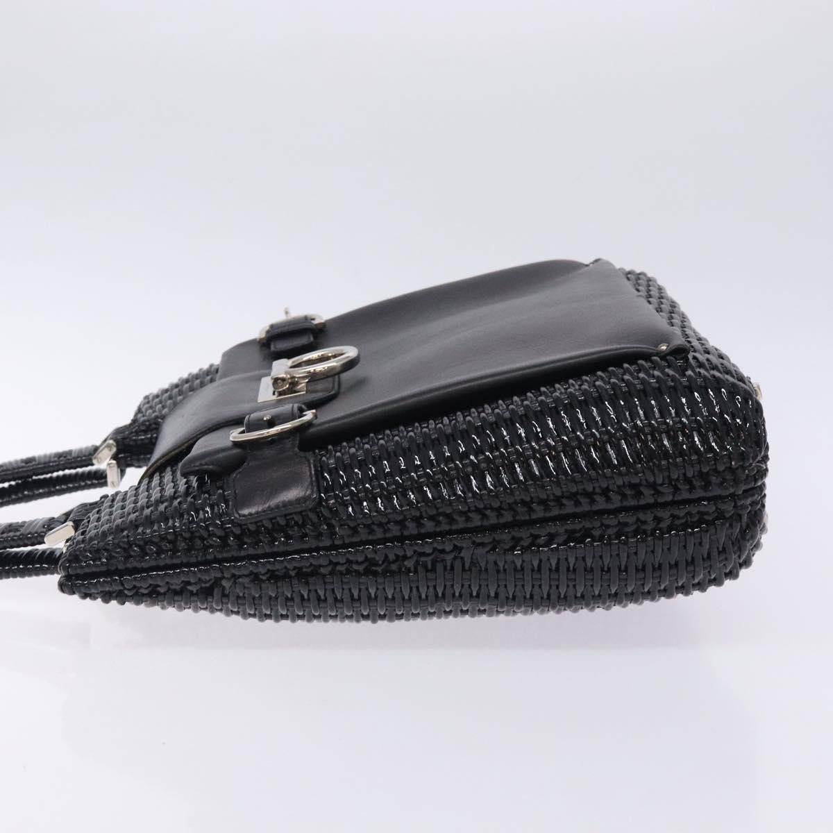 Salvatore Ferragamo Gancini Hand Bag Leather Wicker Black Silver Auth 133756