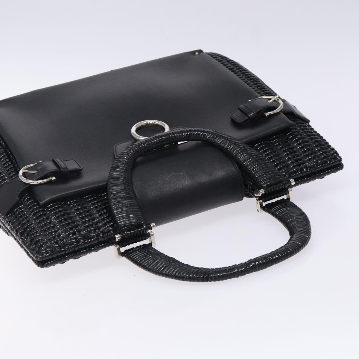Salvatore Ferragamo Gancini Hand Bag Leather Wicker Black Silver Auth 133756