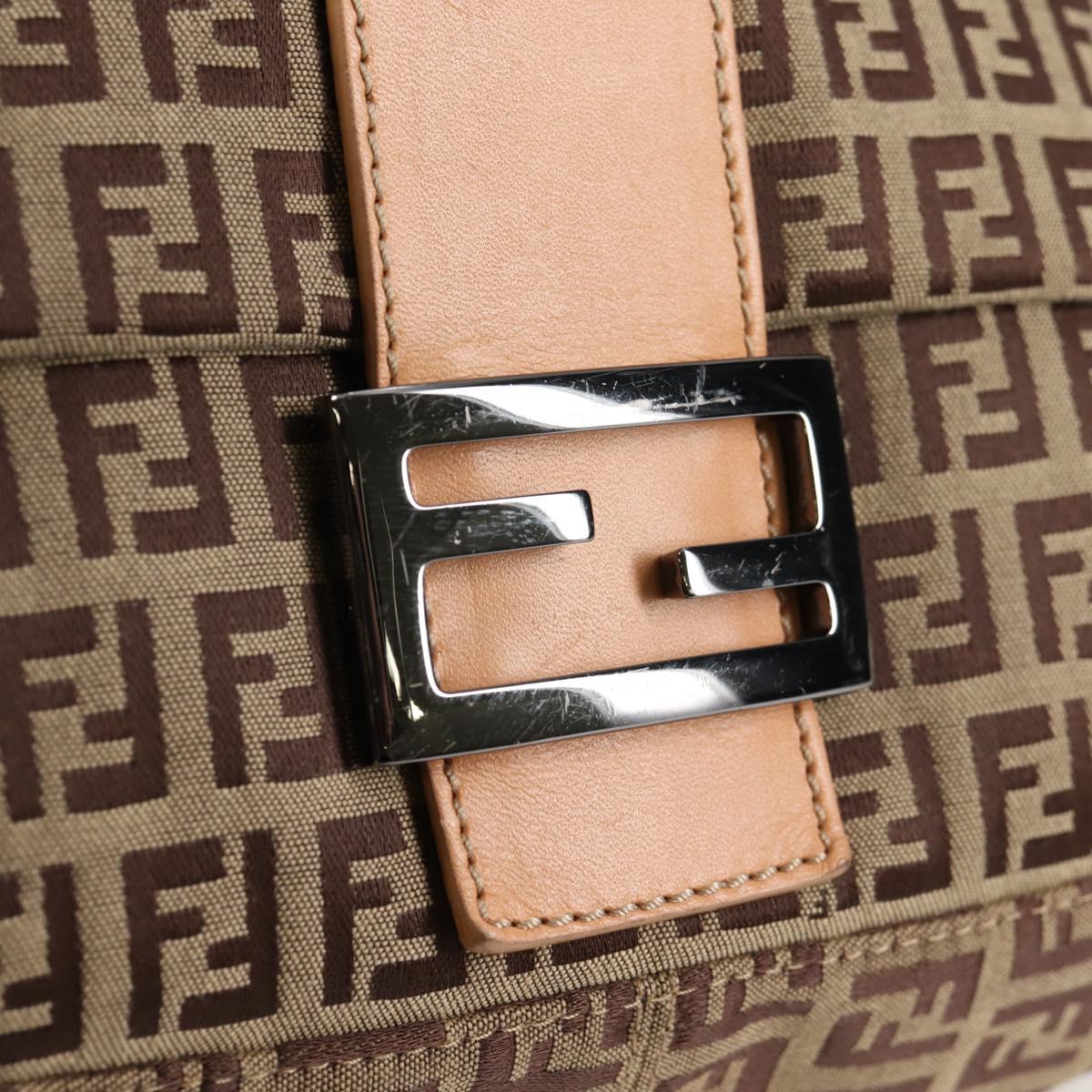 FENDI Zucchino Canvas Mamma Baguette Shoulder Bag Beige Silver Auth 133832V