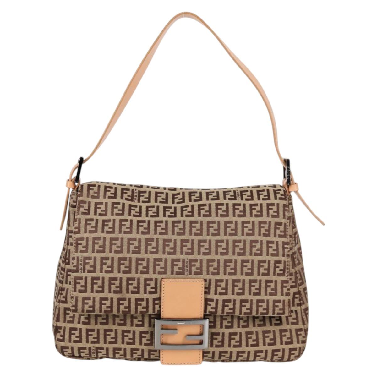 FENDI Zucchino Canvas Mamma Baguette Shoulder Bag Beige Silver Auth 133832V