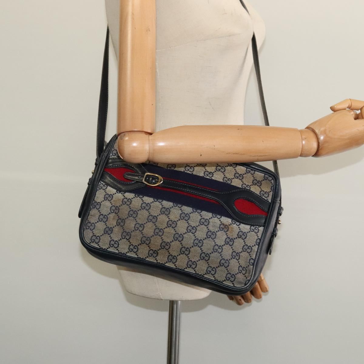 GUCCI GG Canvas Sherry Line Shoulder Bag Vintage Navy Gold Auth 133847