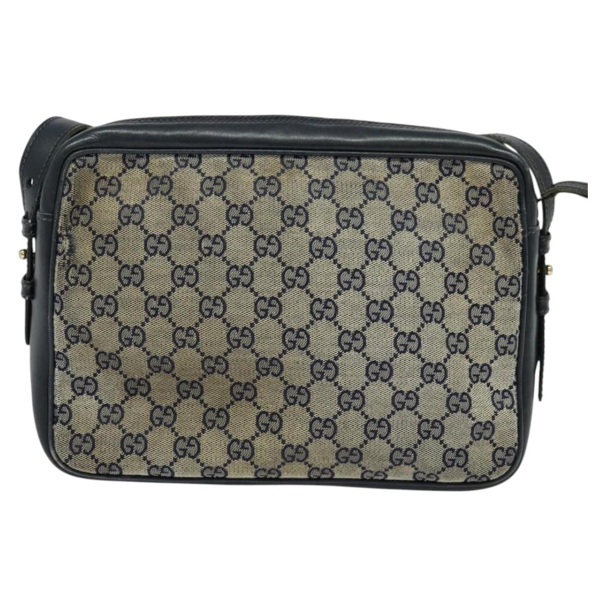 GUCCI GG Canvas Sherry Line Shoulder Bag Vintage Navy Gold Auth 133847