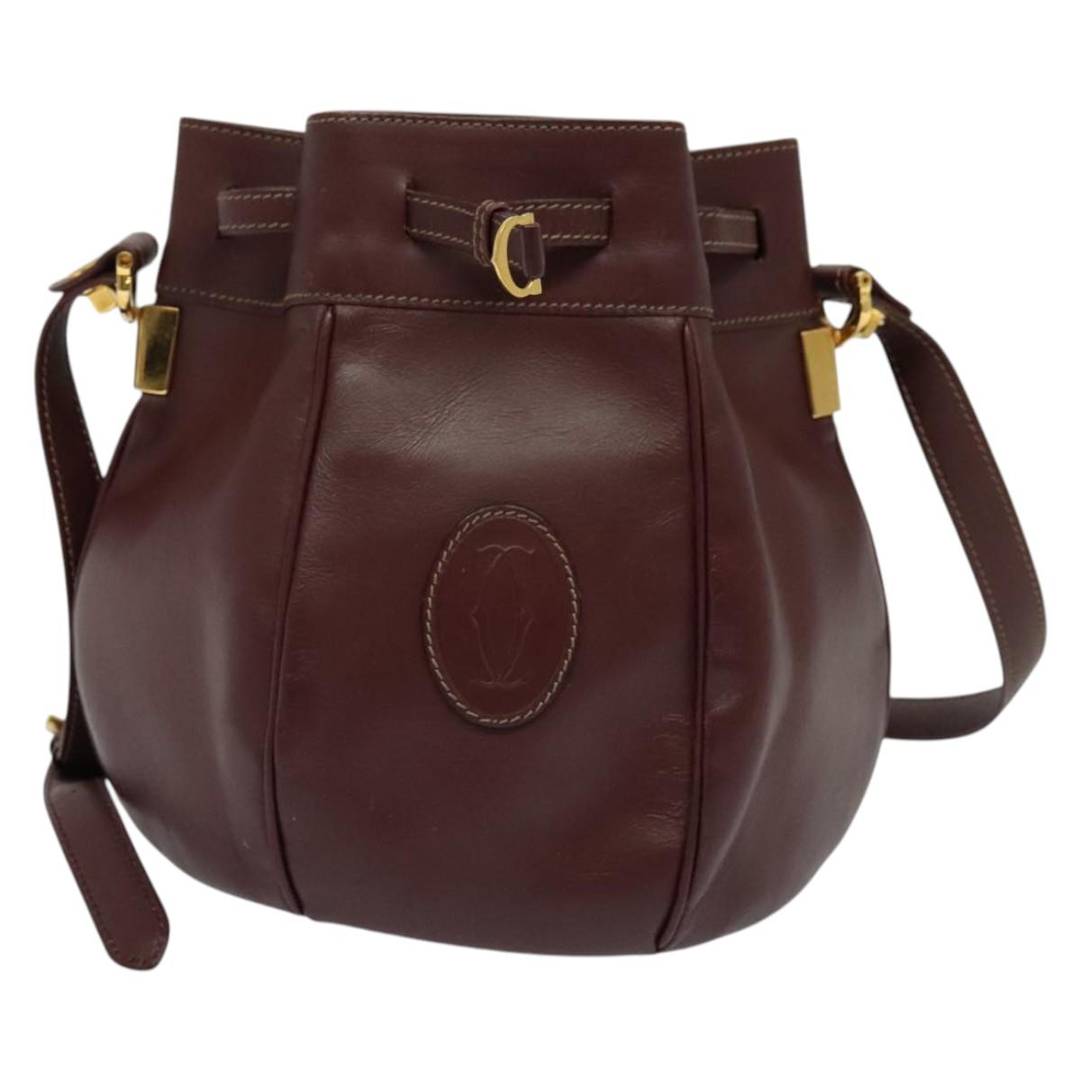 CARTIER Must Line Shoulder Bag Leather Bordeaux Gold Auth 133861