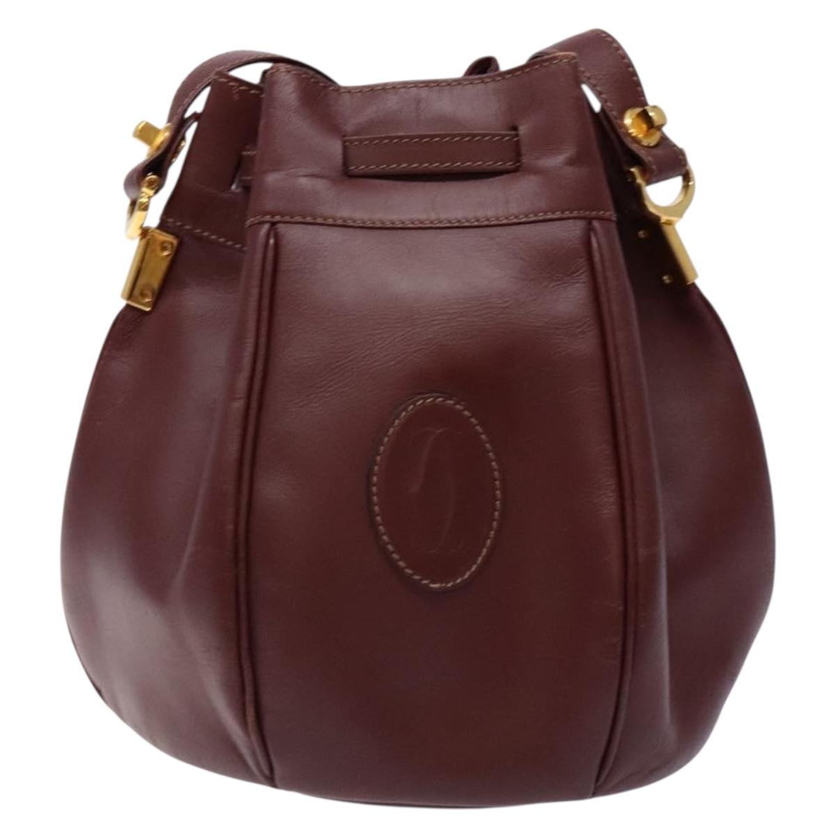 CARTIER Must Line Shoulder Bag Leather Bordeaux Gold Auth 133886