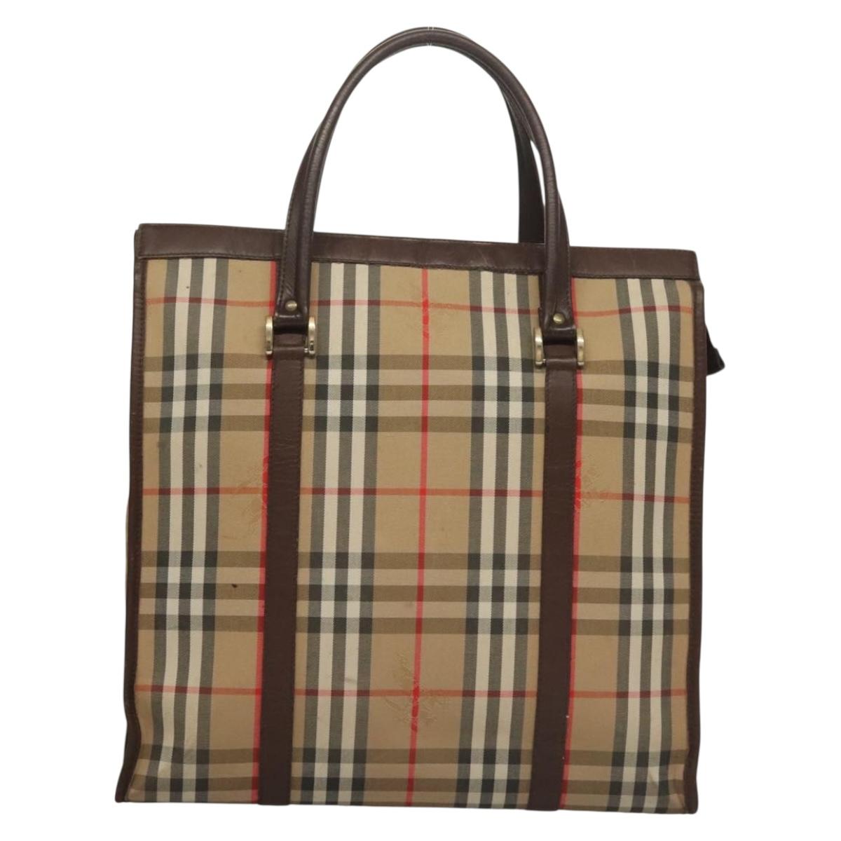 Burberrys Nova Check Hand Bag Canvas Beige Gold Auth 133911