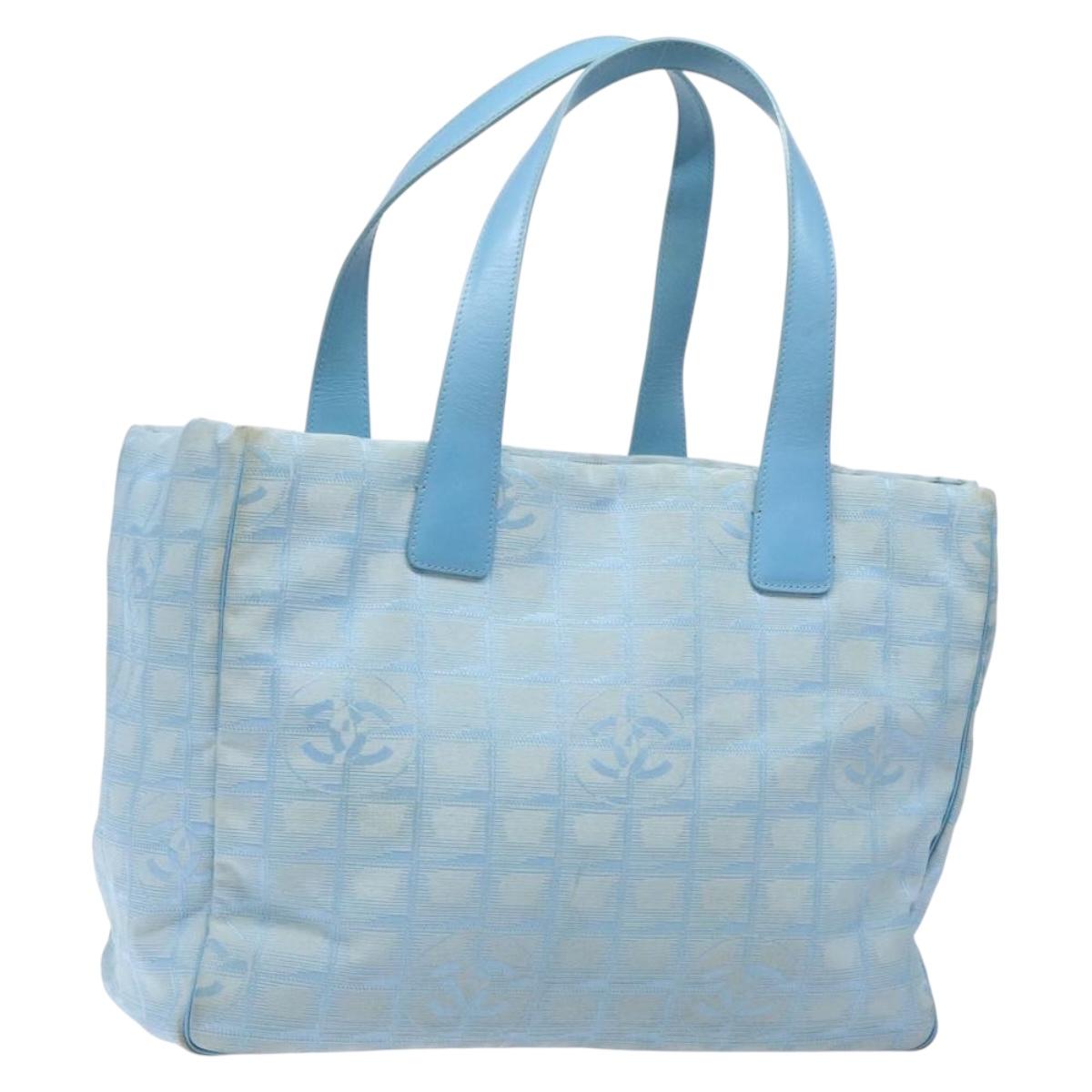 CHANEL New Travel line Tote Bag Nylon Light Blue Silver CC Auth 133917
