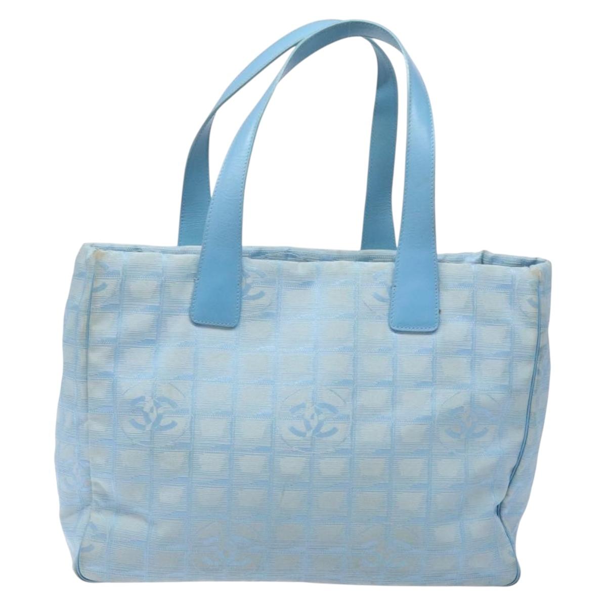 CHANEL New Travel line Tote Bag Nylon Light Blue Silver CC Auth 133917