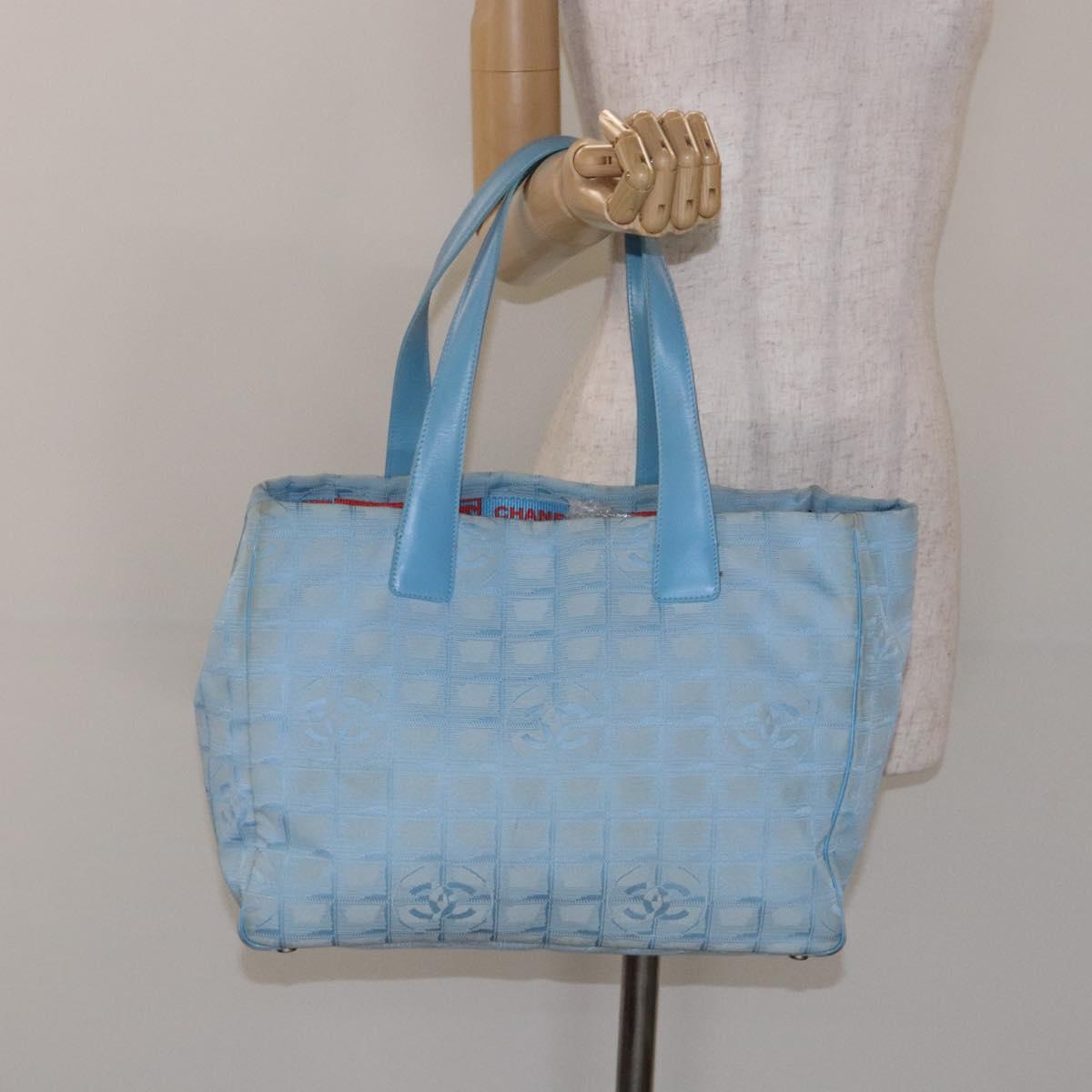 CHANEL New Travel line Tote Bag Nylon Light Blue Silver CC Auth 133917