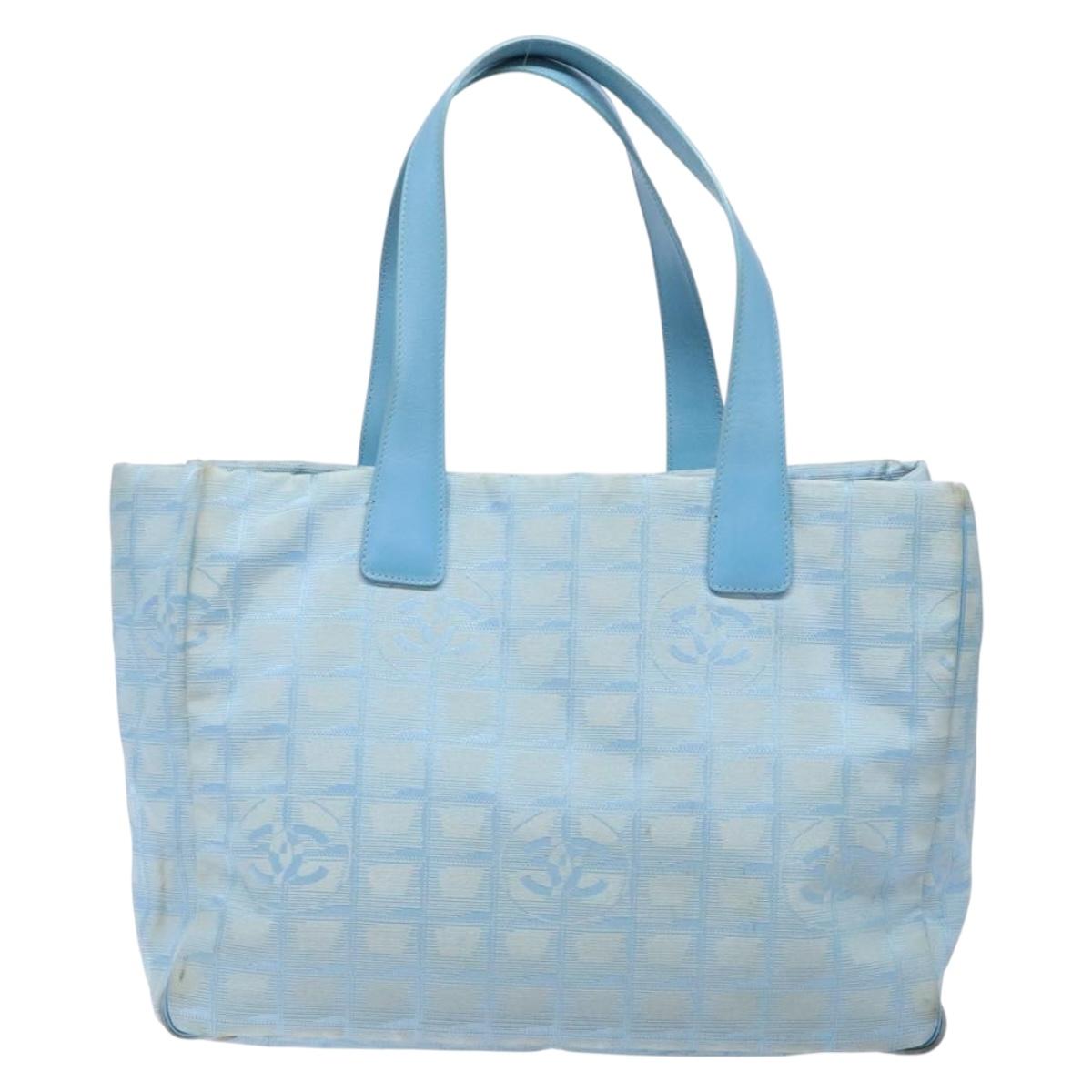 CHANEL New Travel line Tote Bag Nylon Light Blue Silver CC Auth 133917