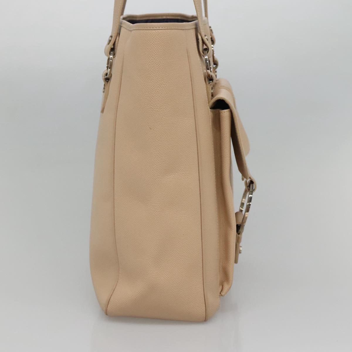 BVLGARI Tote Bag Leather Beige Silver Auth 133970