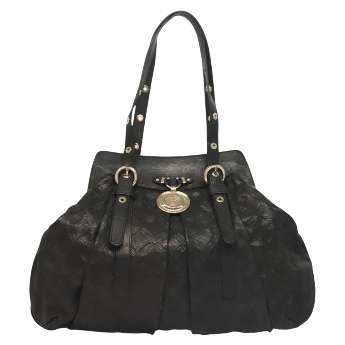 VERSACE Tote Bag Leather Black Gold Auth 134124