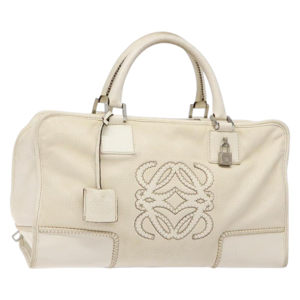 LOEWE Anagram Amazona 36 Hand Bag Leather White Silver Auth 134180