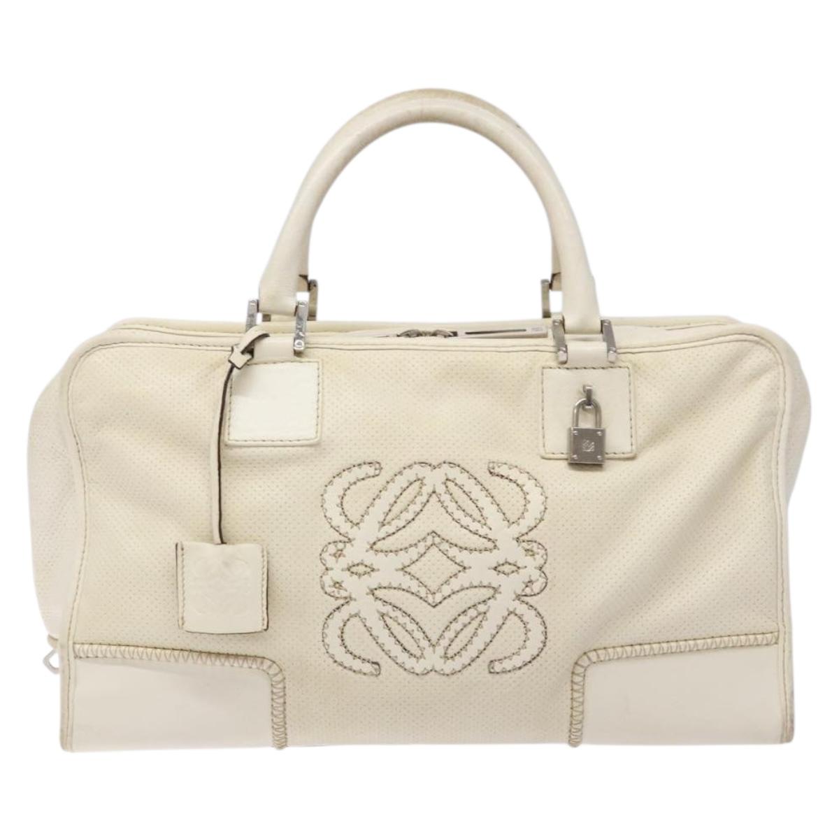 LOEWE Anagram Amazona 36 Hand Bag Leather White Silver Auth 134180