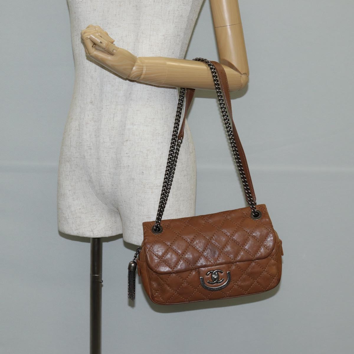 CHANEL Matelasse Chain Shoulder Bag Leather Brown Silver CC Auth 134215