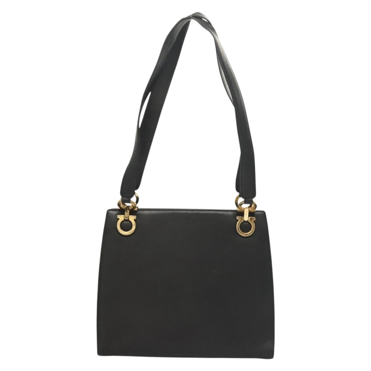 Salvatore Ferragamo Gancini Shoulder Bag Leather Black Gold Auth 134227