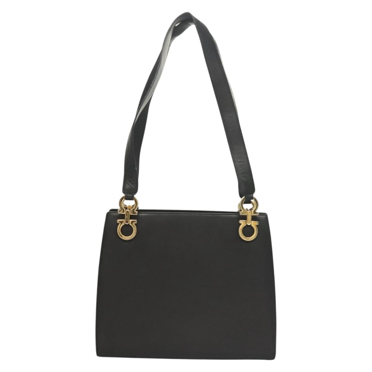 Salvatore Ferragamo Gancini Shoulder Bag Leather Black Gold Auth 134227