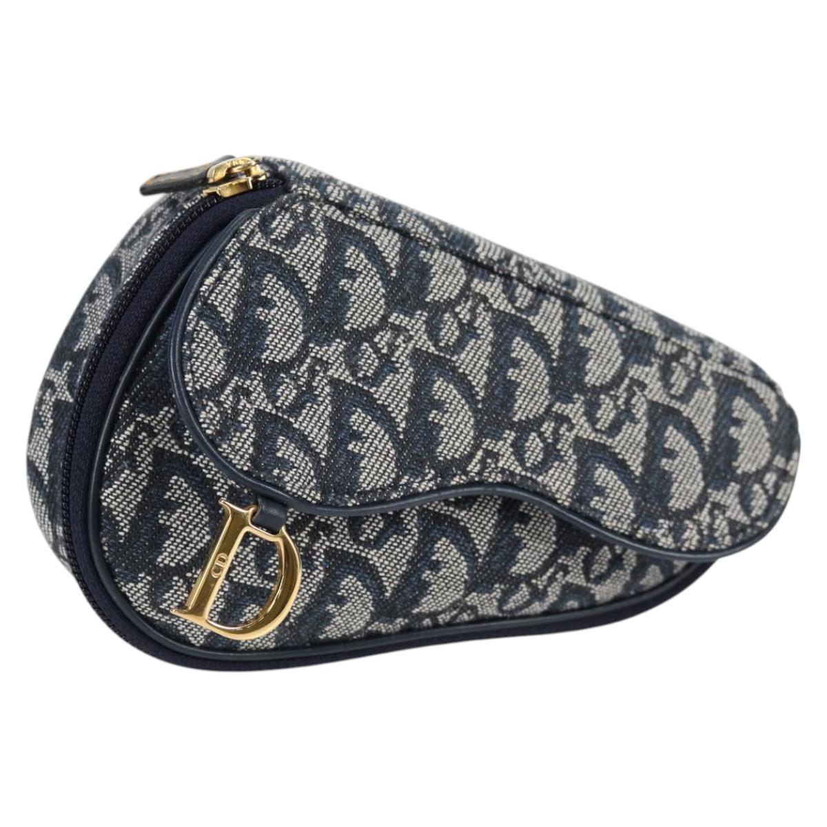 Christian Dior Trotter Canvas Saddle Pouch Navy Gold Auth 134254V