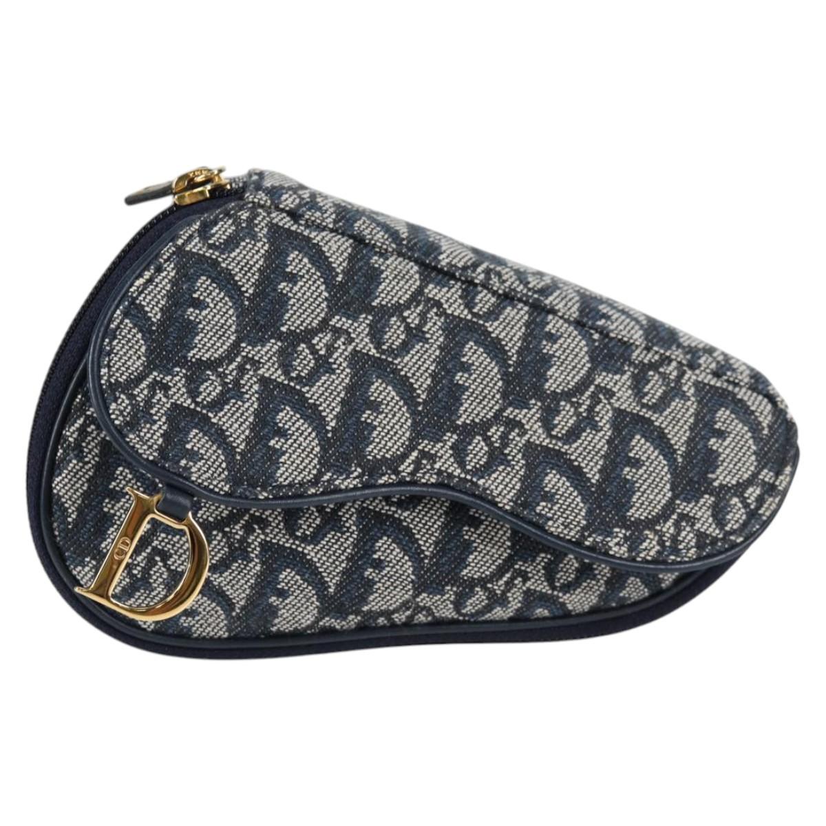 Christian Dior Trotter Canvas Saddle Pouch Navy Gold Auth 134254V