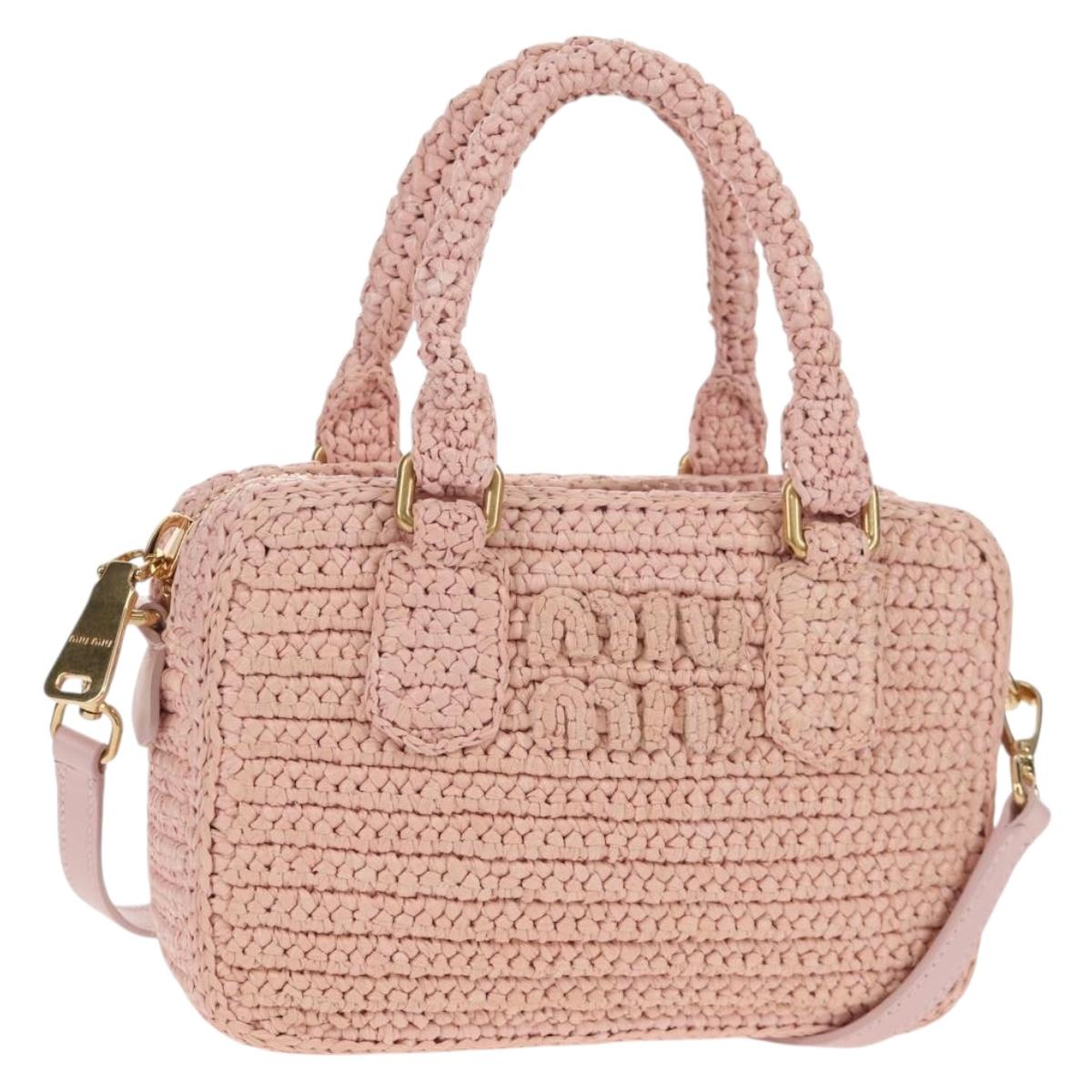 Miu Miu Arkady Hand Bag Raffia 2way Pink Gold 5BB123 Auth 134338AM