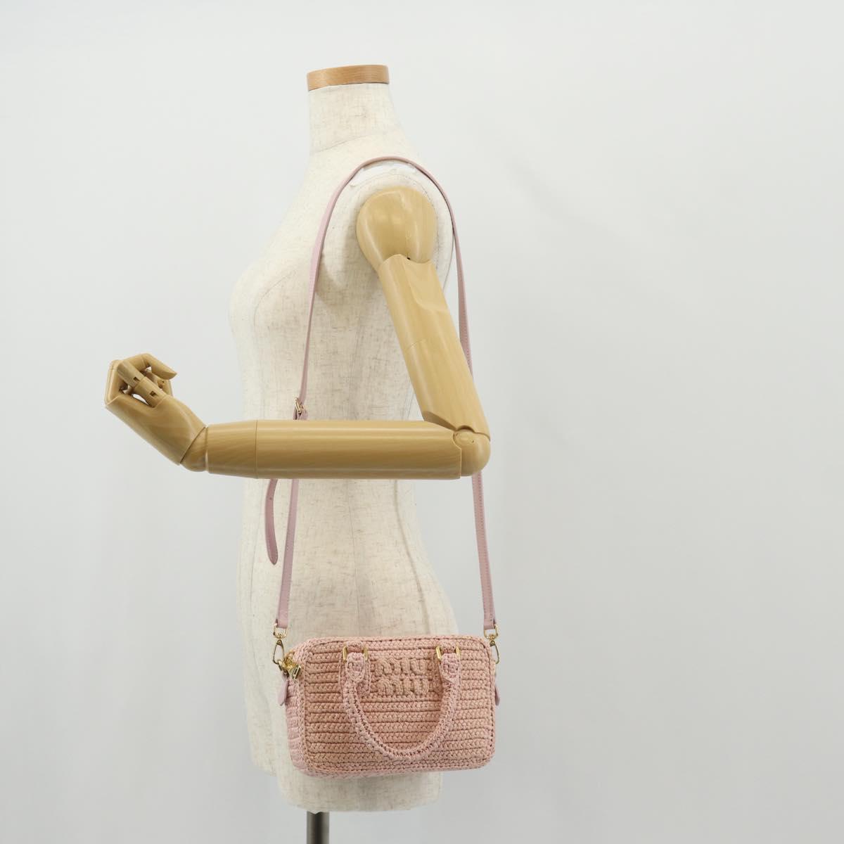 Miu Miu Arkady Hand Bag Raffia 2way Pink Gold 5BB123 Auth 134338AM