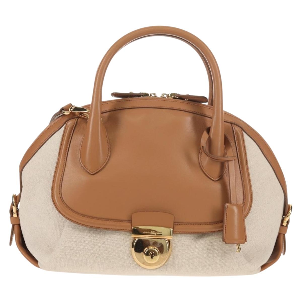 Salvatore Ferragamo Hand Bag Canvas Leather 3way Beige Gold Auth 134343V