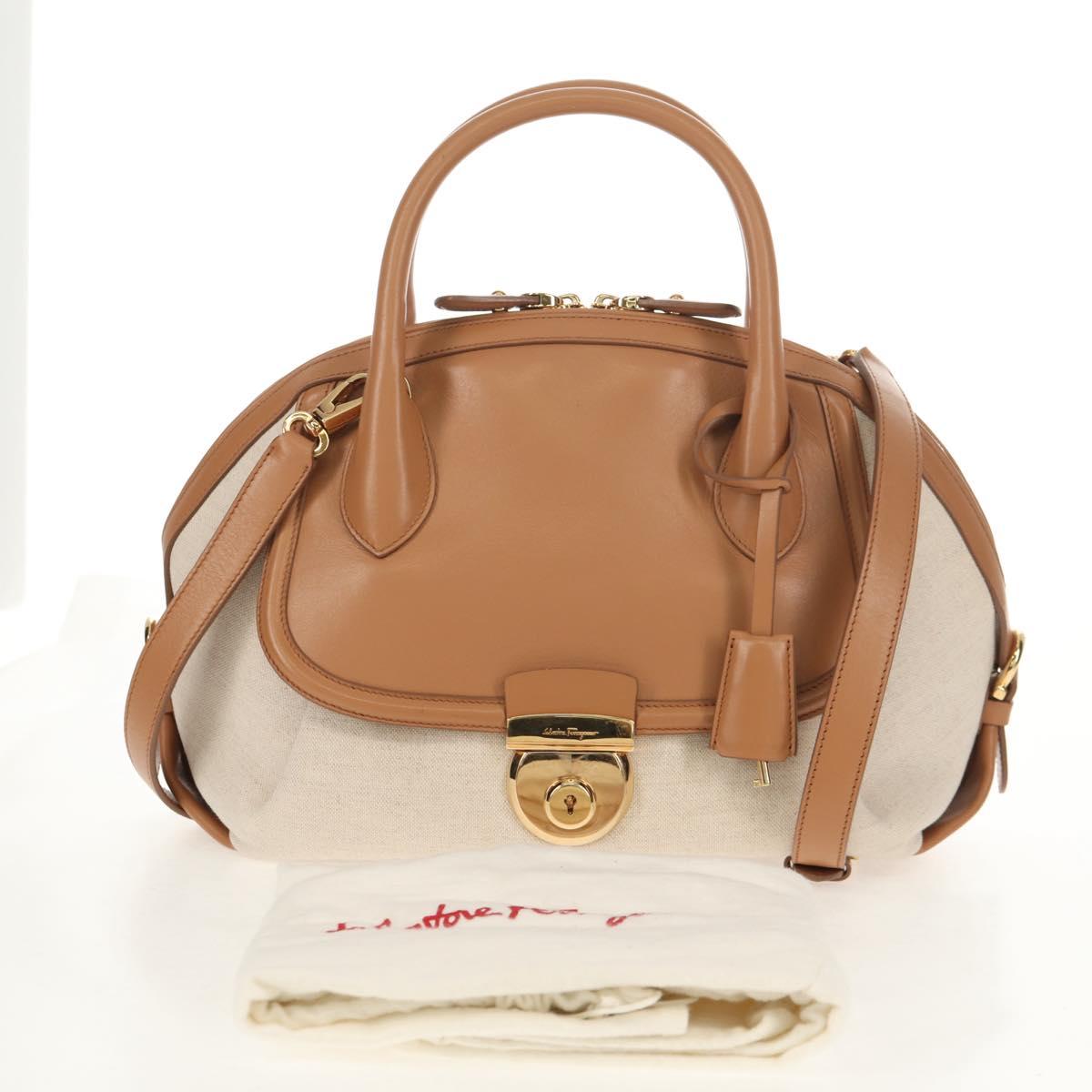 Salvatore Ferragamo Hand Bag Canvas Leather 3way Beige Gold Auth 134343V