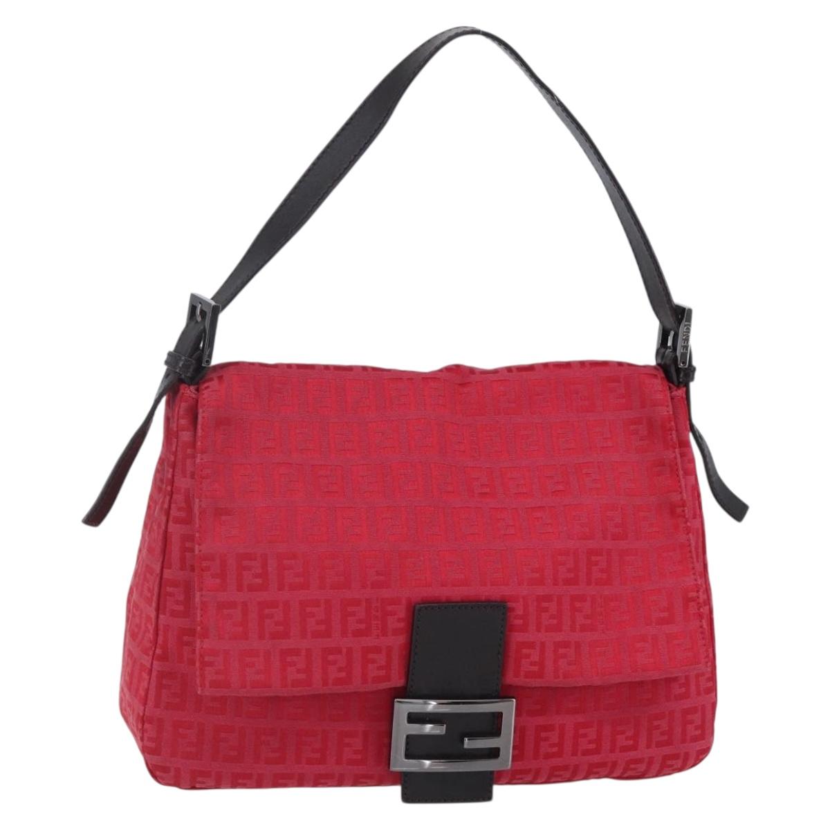 FENDI Zucchino Canvas Mamma Baguette Shoulder Bag Red Silver Auth 134350V