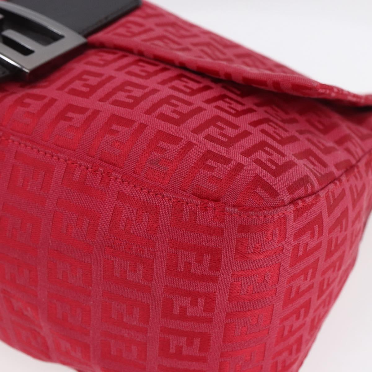 FENDI Zucchino Canvas Mamma Baguette Shoulder Bag Red Silver Auth 134350V