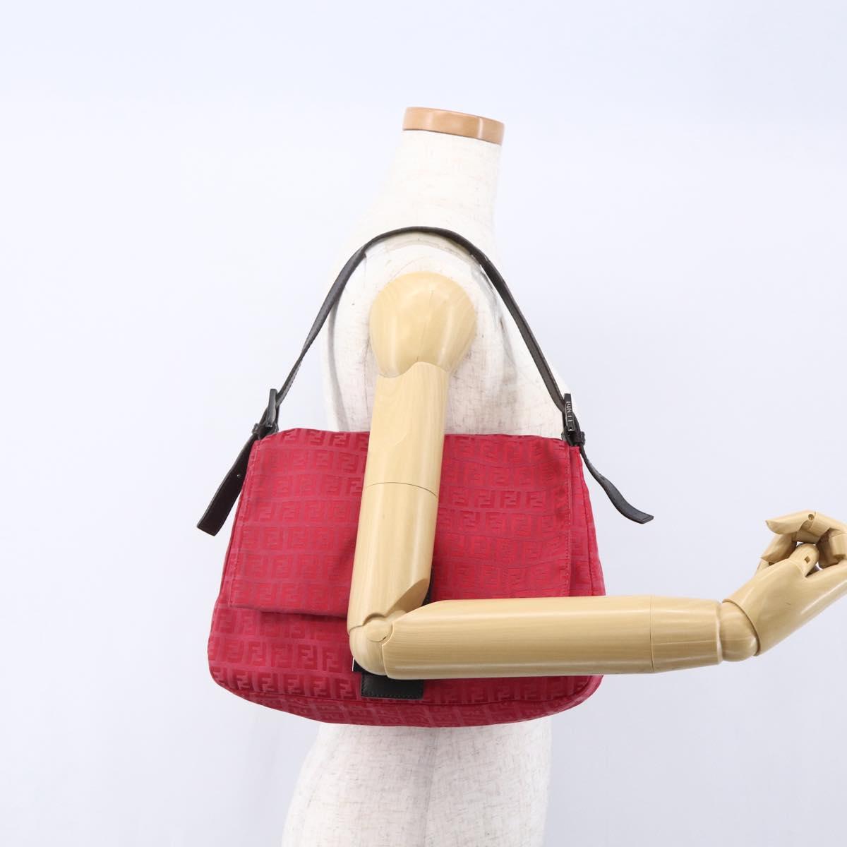 FENDI Zucchino Canvas Mamma Baguette Shoulder Bag Red Silver Auth 134350V