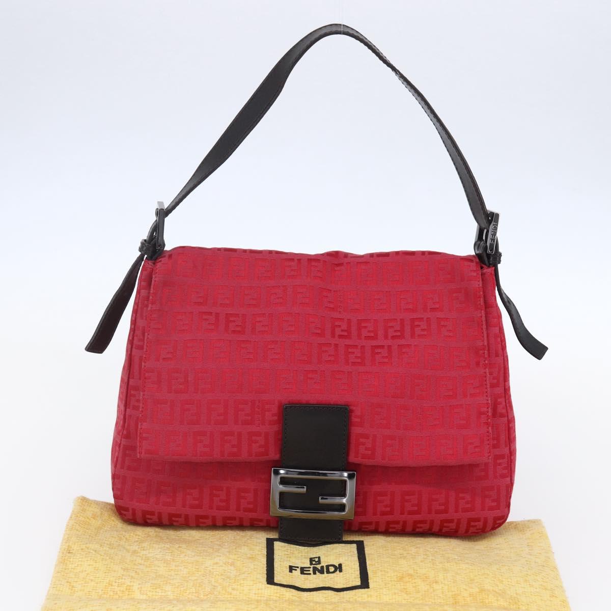 FENDI Zucchino Canvas Mamma Baguette Shoulder Bag Red Silver Auth 134350V