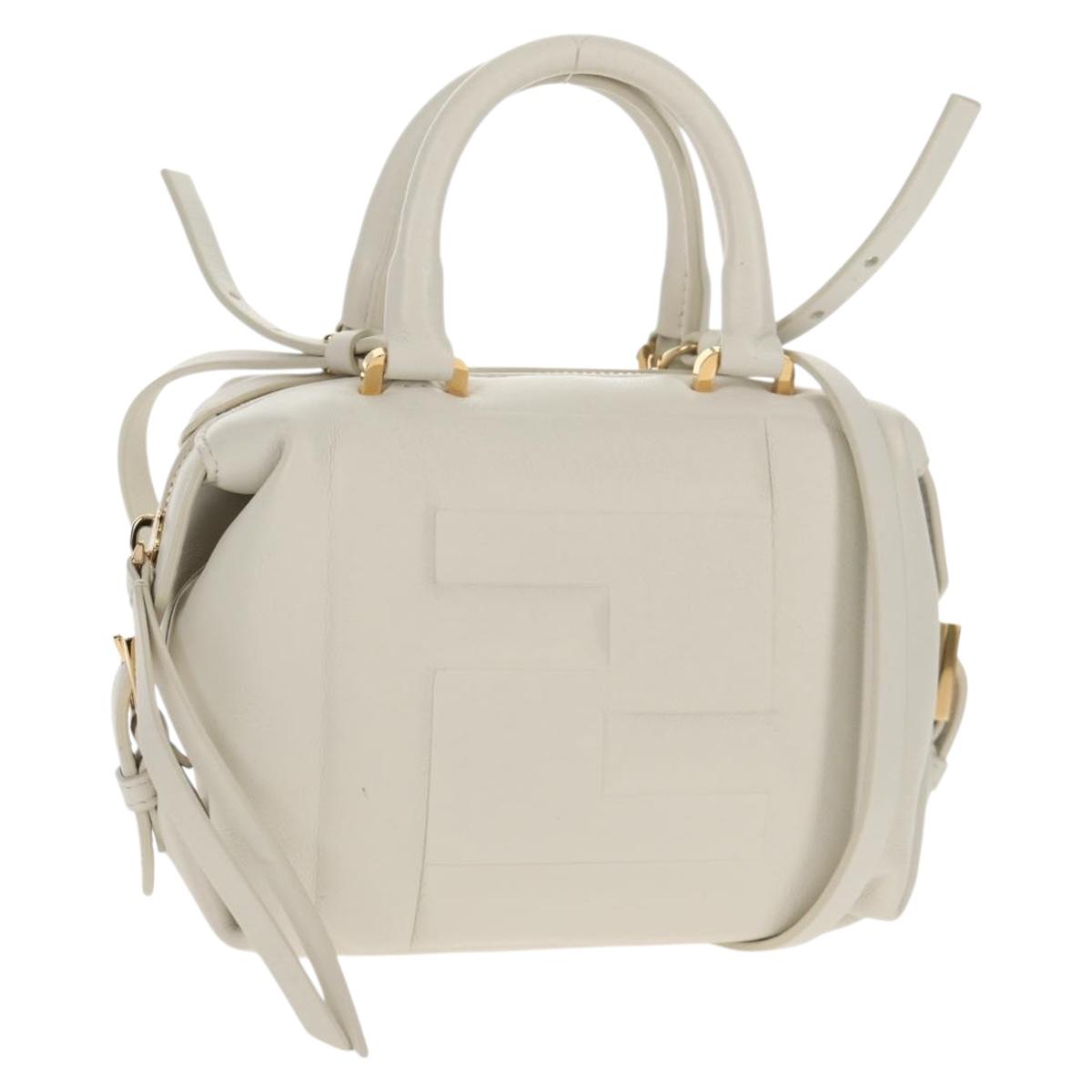 FENDI Hand Bag Leather 2way White Gold Auth 134353AM